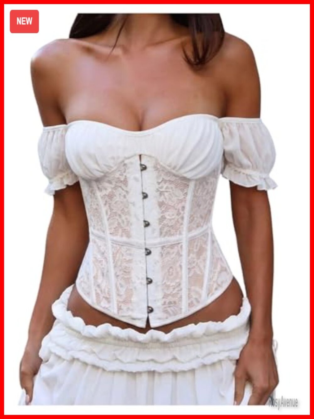 Lace Off Shoulder Corset Crop Top Button Front Puff Sleeve